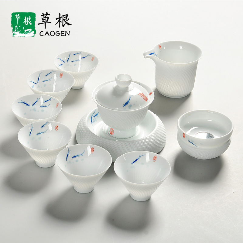 high-grade Kungfu Online tea set suit Blue and white Fish Fun Porcelain Hand drawn Eggshell Cover bowl Tea setsin the Tableware , Tea set , Tea package category - from Buy2taobao.com to provide professional Taobao agent buy service
