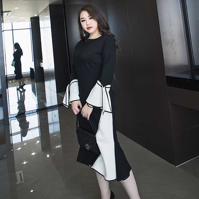 GLEC胖仙女大碼女裝 2018秋冬新款胖mm喇叭袖撞色顯瘦魚尾連衣裙在類目 女裝/女士精品, 大碼女裝中 - 來自Buy2taobao.com提供專業的淘寶代購服務