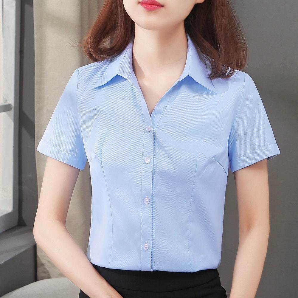 蓝色斜纹女衬衫短袖职业V领尖领修身工作服正装半袖衬衣在类目 女装/女士精品, 衬衫中 - 来自Buy2taobao.com提供专业的淘宝代购服务