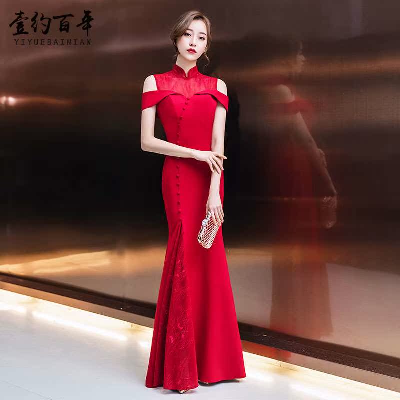 新娘结婚礼服2019新款敬酒服红色中式立领修身鱼尾婚礼回门晚礼服在类目 女装/女士精品, 婚纱/旗袍/礼服, 礼服/晚装中 - 来自Buy2taobao.com提供专业的淘宝代购服务