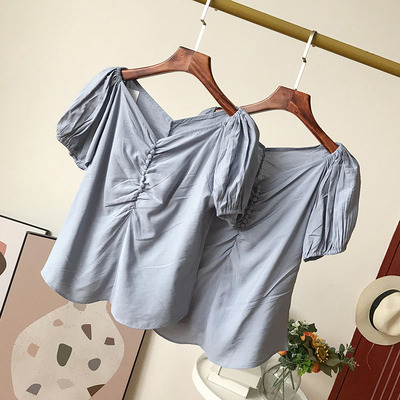 褶皱V领女衬衫纯色简约夏装显瘦半袖上衣时尚新款休闲洋气F》16