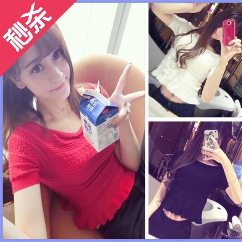 木耳邊白色薄修身壹字領女9韓版高腰白色針織短袖女短款打底上衣在類目 女裝/女士精品, 毛針織衫中 - 來自Buy2taobao.com提供專業的淘寶代購服務
