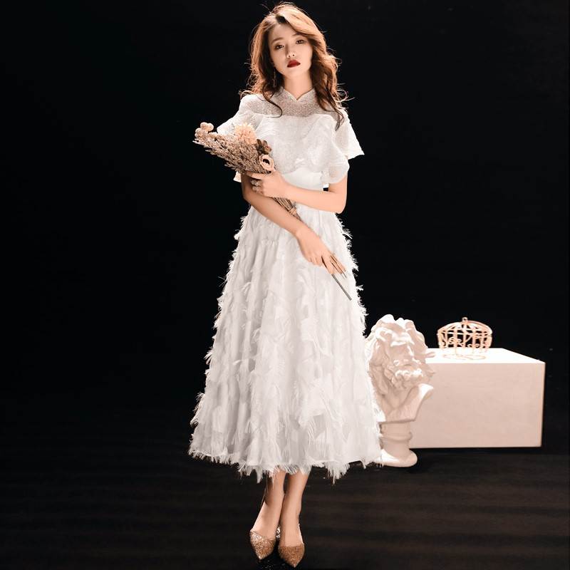 white Evening dress 2019 Arts exam banquet Mid length version new pattern Host Chinese style Tuxedo Bridesmaid Dressesin the Women's clothing/Boutique , Wedding/Cheongsam/Formal dress , Formal dress/Evening category - from Buy2taobao.com to provide professional Taobao agent buy service