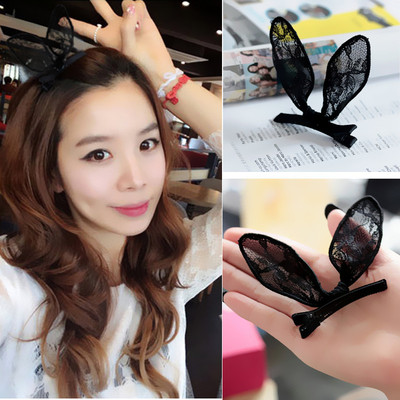 韩国版发饰 黑色蕾丝蝴蝶结兔耳朵发夹 鸭嘴夹边夹女生发饰刘海夹