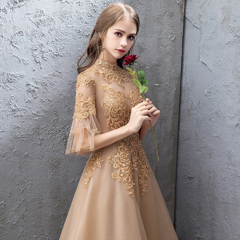 Atmospheric female 2018 Stand collar new pattern Banquet Host Evening dress Party Gold dress Dignified banquetin the Women's clothing/Boutique , Wedding/Cheongsam/Formal dress , Formal dress/Evening category - from Buy2taobao.com to provide professional Taobao agent buy service