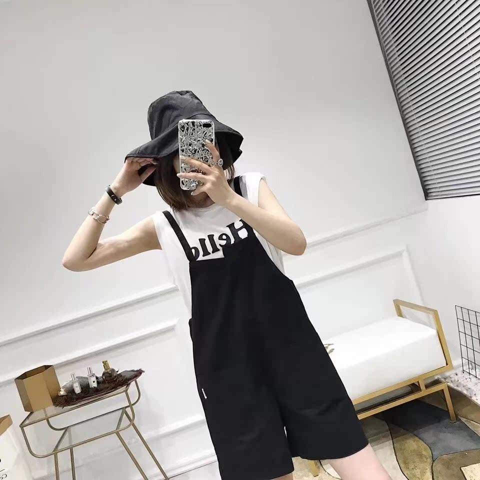 2018 summer Korean Edition printing Sleeveless vest T-shirt jacket Solid rompers fashion Two piece set studentin the Women's clothing/Boutique , T-shirt category - from Buy2taobao.com to provide professional Taobao agent buy service