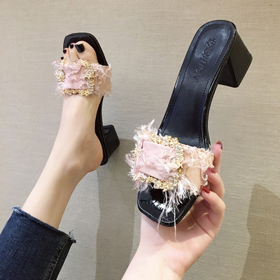 2020夏季新款网红一字拖粗跟时尚拖鞋女外穿百搭露趾中高跟凉拖鞋