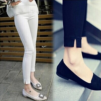 胖MM加肥加大码女装时尚纯色高腰百搭修身裤脚显瘦开叉九分裤春装