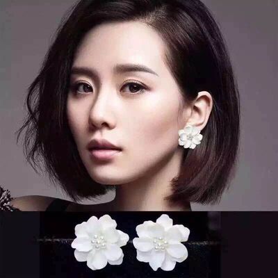 新款简约大气夸张耳环韩式气质小清新白色花朵珍珠耳钉女韩版