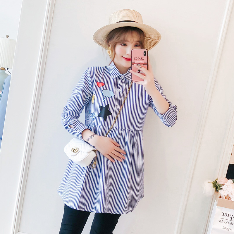 Pregnant spring 2019 new pattern Long sleeve shirt Chao Ma Mid length version stripe jacket spring and autumn Korean Edition Easy Base coatin the Maternity/Maternal supplies/Nutrition , Maternity , Shirt/Chiffon shirt category - from Buy2taobao.com to provide professional Taobao agent buy service