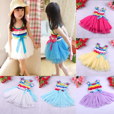 2018夏季童装彩虹条纹儿童连衣裙儿童彩虹背心蛋糕韩版女童纱裙装