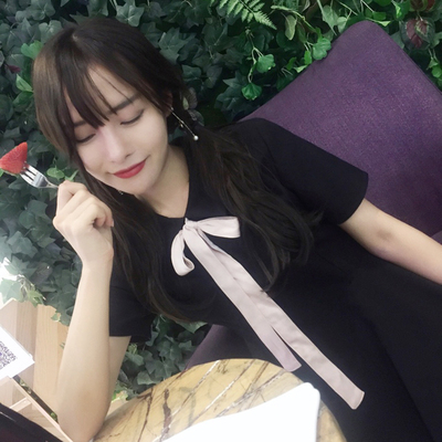 原创春夏学院风蝴蝶结娃娃领显瘦a字小黑裙黑色高腰短袖连衣裙女