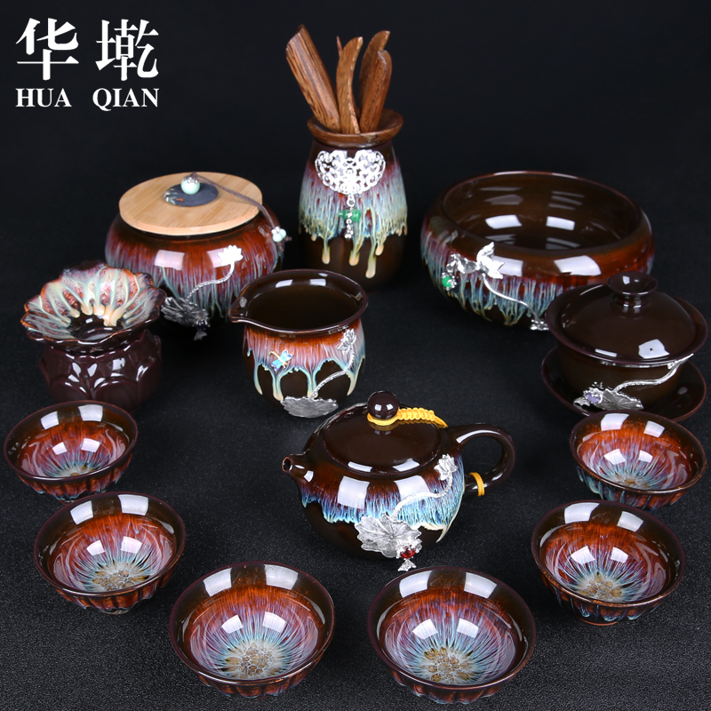 家用天目釉建盏功夫茶具套装整套中式镶纯银陶瓷茶壶盖碗窑变茶杯|msdalam kategori pinggan mangkuk, set teh, Kung Fu teh - dari Buy2taobao.com untuk memberikan perkhidmatan ejen Taobao profesional membeli