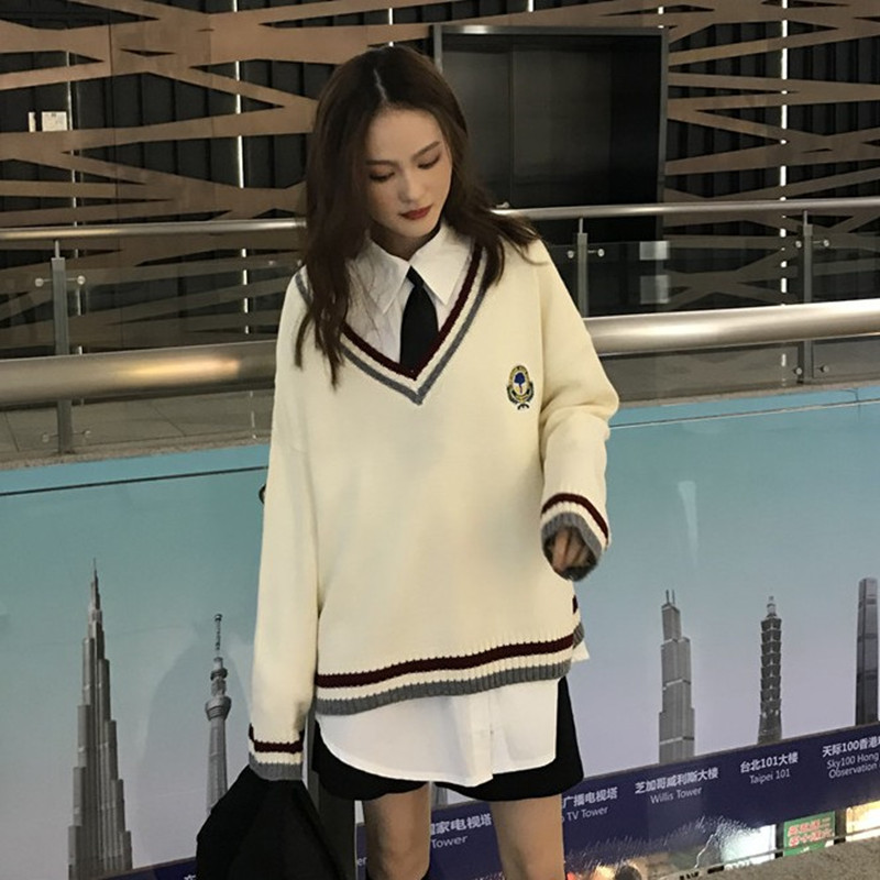 秋冬套装韩版宽松V领长袖毛衣女针织衫+chic简约百搭条纹领带衬衣在类目 女装/女士精品, 毛衣中 - 来自Buy2taobao.com提供专业的淘宝代购服务