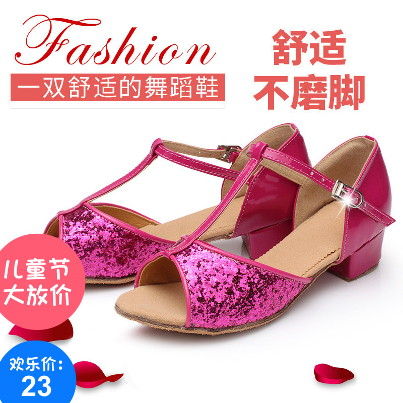 女童拉丁舞鞋夏季新款中跟软底舞蹈鞋儿童鱼嘴亮片凉鞋少儿练功鞋|msdalam kategori sukan/Yoga/kecergasan/bekalan peminat, Dance/Aerobik/Gymnastics, tarian Latin, kasut latin - dari Buy2taobao.com untuk memberikan perkhidmatan ejen Taobao profesional membeli