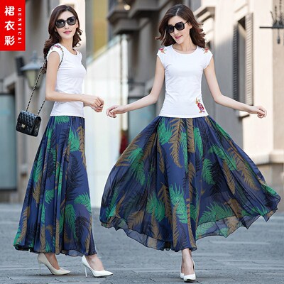 裙衣彩夏季雪纺半身裙中长款复古印花大摆仙女裙大码沙滩长裙女
