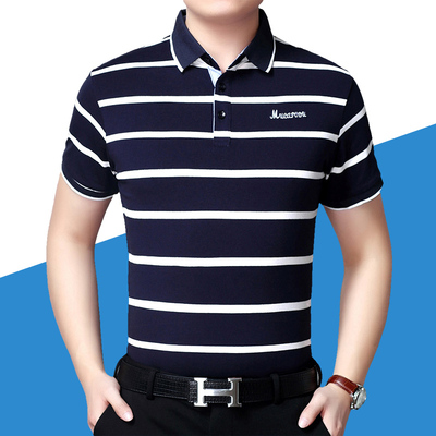 啄木鸟纯棉短袖t恤男夏季男装翻领爸爸装中年条纹有领polo衫冰丝