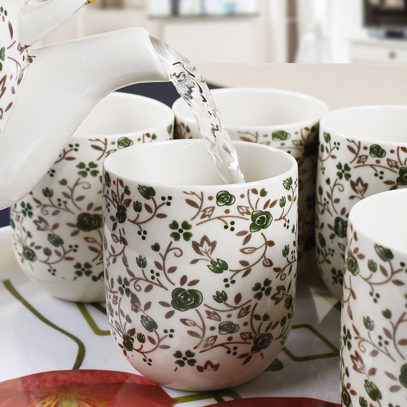 绿碎花 景德镇陶瓷7头提梁 整套茶具套装茶盘 茶杯子 茶壶 礼品|msdalam kategori pinggan mangkuk, set teh, Pakej teh - dari Buy2taobao.com untuk memberikan perkhidmatan ejen Taobao profesional membeli
