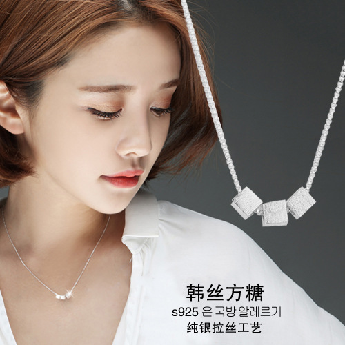 925纯银拉丝方块项链吊坠 锁骨链女款 简约百搭短款甜美韩国|msdalam kategori Aksesori/Barang Kemas Fesyen, kalung - dari Buy2taobao.com untuk memberikan perkhidmatan ejen Taobao profesional membeli