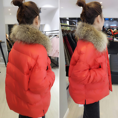 欧洲站2017冬装新款欧货潮时尚面包服大毛领短款红色羽绒服女韩版