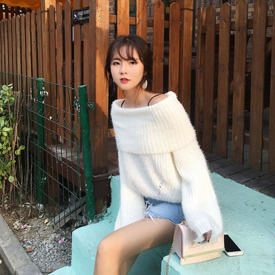 一字领毛衣女秋冬装小清新宽松韩版套头甜美大翻领针织衫露肩上衣