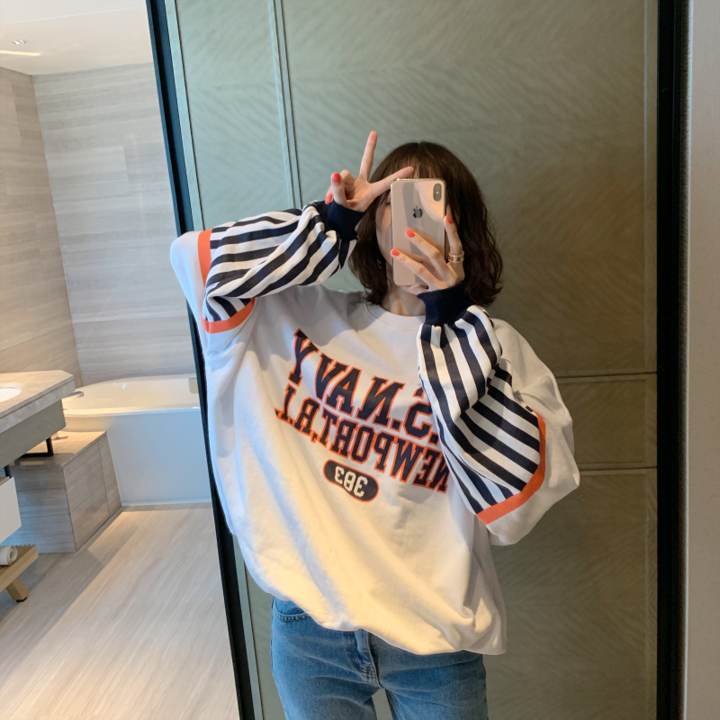 Zhang Jingzhi the republic of korea Dongdaemun stripe Baseball letter fashion Easy puff sleeve Circle Sweaterin the Women's clothing/Boutique , Sweater/Fleece category - from Buy2taobao.com to provide professional Taobao agent buy service