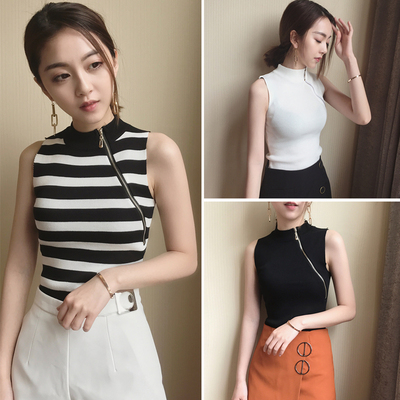 春夏新款女装性感修身显瘦斜拉链短款小吊带无袖针织背心学生上衣