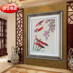 苏绣成品挂画 竖版玄关 丝线九鱼图 桃花水草 配电表箱装饰画素材