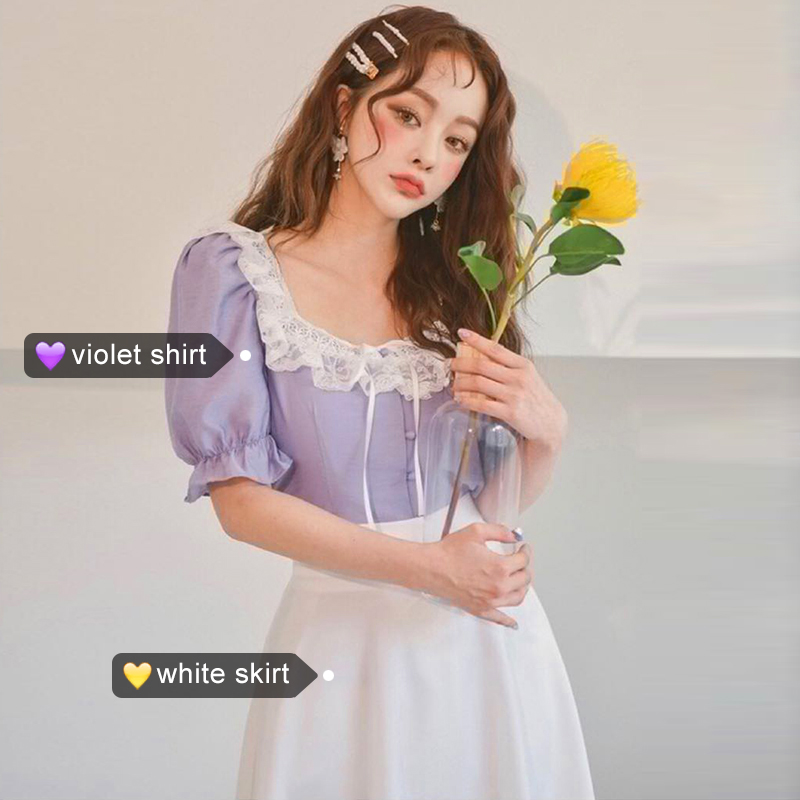 the republic of korea ins tender violet Lace lace square neck Frenum shirt Paige Mid length version skirtin the Women's clothing/Boutique , Set/Student uniforms/Work uniforms , Other suits category - from Buy2taobao.com to provide professional Taobao agent buy service