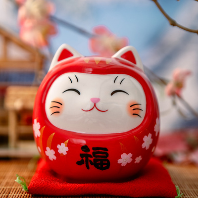 日本进口彩绘达摩招财猫 药师窑开运招福陶瓷摆件