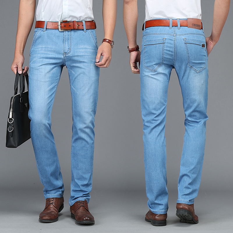MUZHILEE Jeans summer Thin section Elastic force Self cultivation Straight business affairs leisure time wathet men's wear trousersin the Men's clothing, Jeans category - from Buy2taobao.com to provide professional Taobao agent buy service