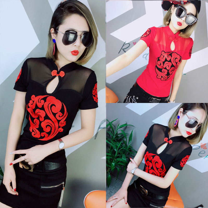 Western style shirt 2018 Spring and summer New products Clouds Embroidery frog Stand collar Retro Self cultivation sexy Short sleeved T-shirtin the Women's clothing/Boutique , T-shirt category - from Buy2taobao.com to provide professional Taobao agent buy service
