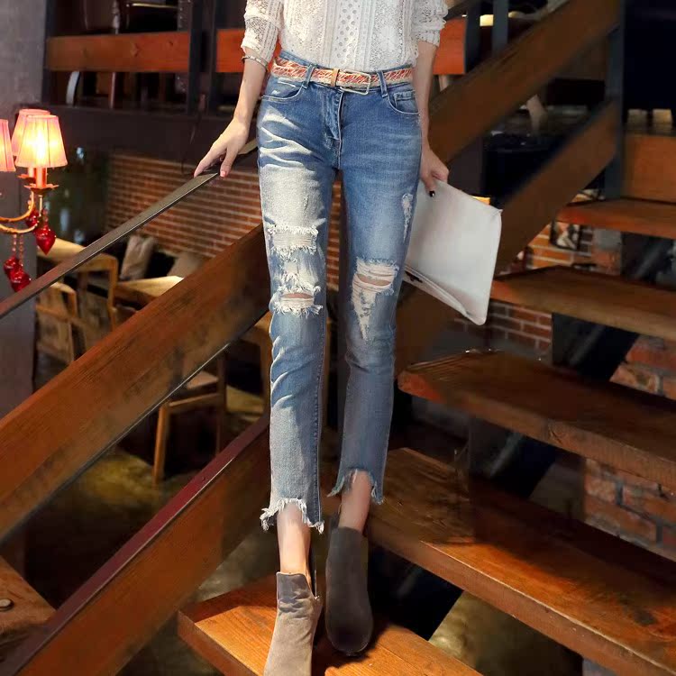 Hong Kong IT Agency purchase Chaopai Korean Edition Ninth pants Jeans Hole in the pants Elastic force Show thin Pencil Pants Beggar pantsin the Women's clothing/Boutique , Jeans category - from Buy2taobao.com to provide professional Taobao agent buy service