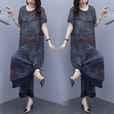 2020新款女装夏装气质两件套裤印花高腰阔腿裤休闲时尚套装女大码