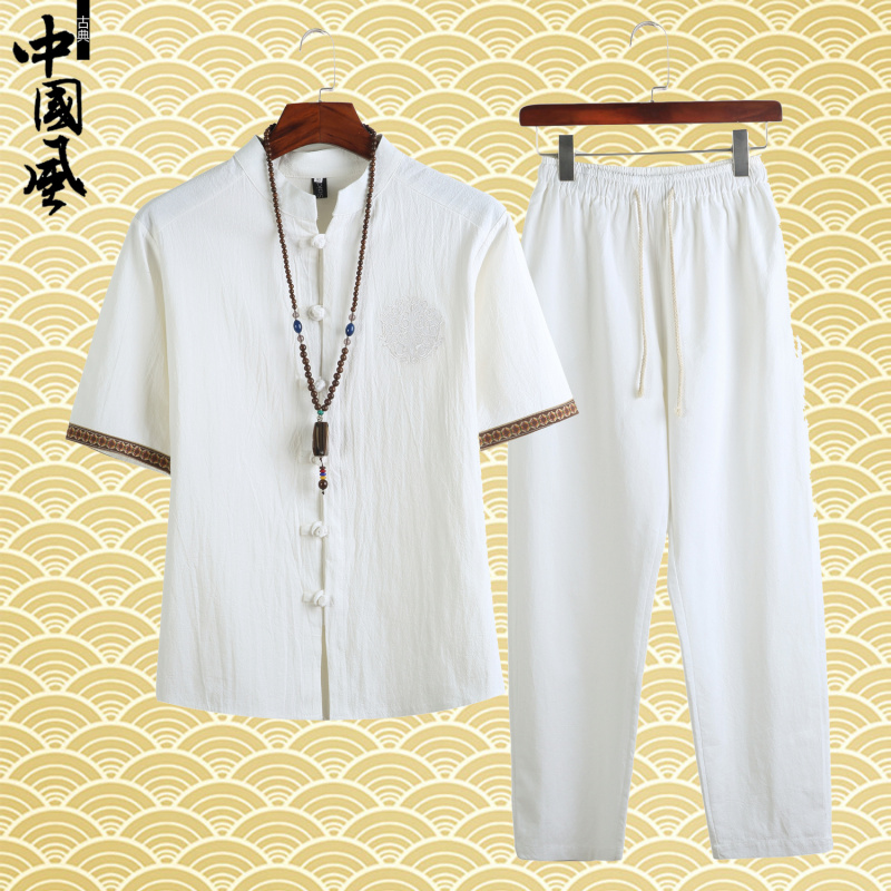 Middle and old age Cotton and hemp shirt Easy suit Chinese style Summer wear middle age Flax Stand collar shirt trousers Two piece setin the Men's clothing, Set , Leisure sports suit category - from Buy2taobao.com to provide professional Taobao agent buy service