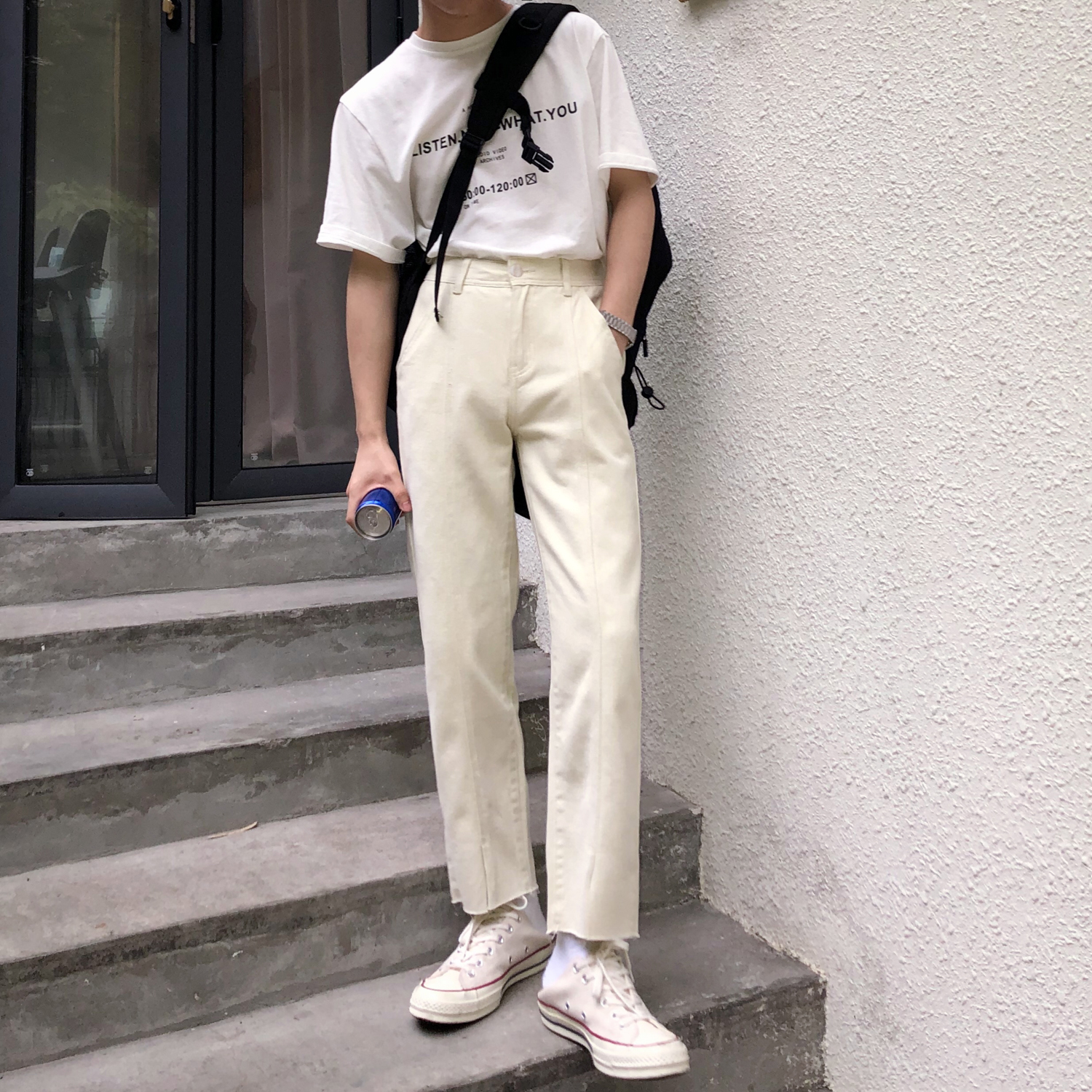 Holo韩版高腰小直筒休闲裤男潮流百搭九分裤男士下摆开叉宽松裤子|msdalam kategori Pakaian Lelaki, seluar santai - dari Buy2taobao.com untuk memberikan perkhidmatan ejen Taobao profesional membeli
