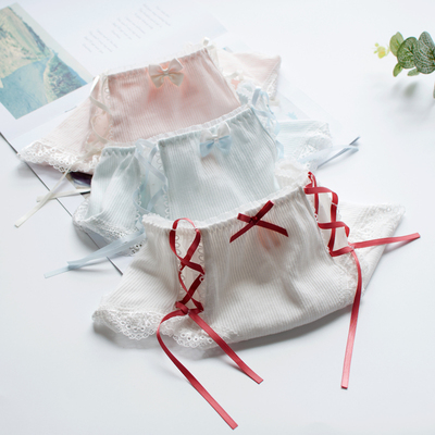 日系甜美风螺纹棉两侧可爱系带少女中腰包臀性感纯全棉内裤糖果色
