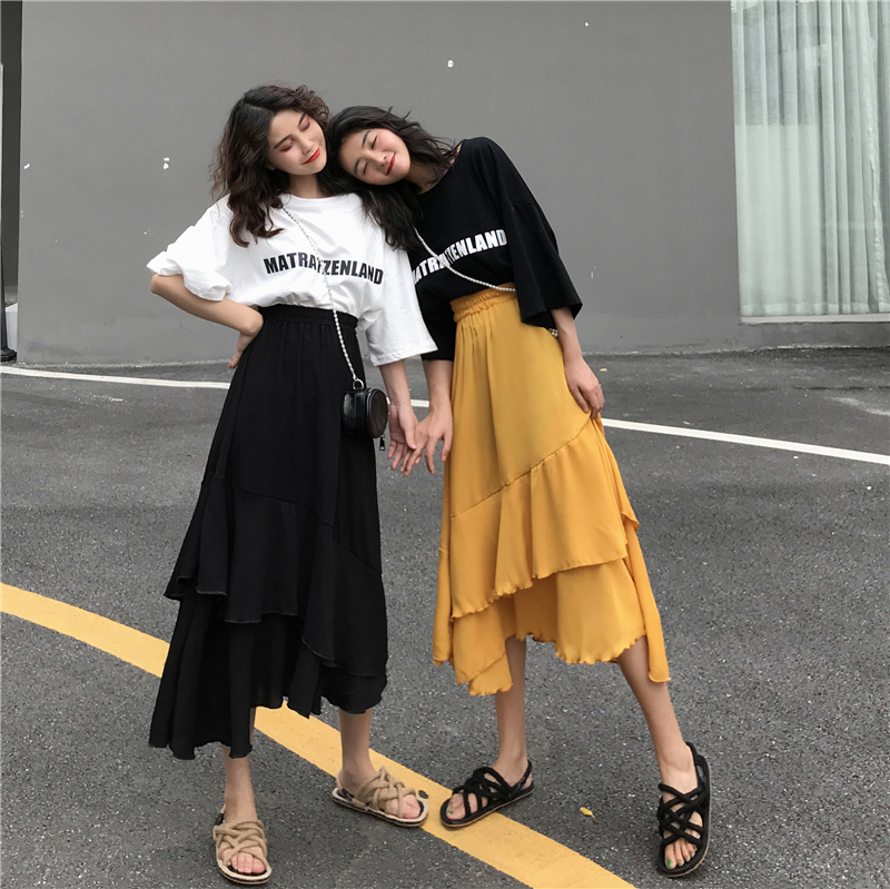荷叶边高腰A字半身裙女2019夏季韩版学院百搭显瘦纯色中长仙女裙在类目 女装/女士精品, 半身裙中 - 来自Buy2taobao.com提供专业的淘宝代购服务