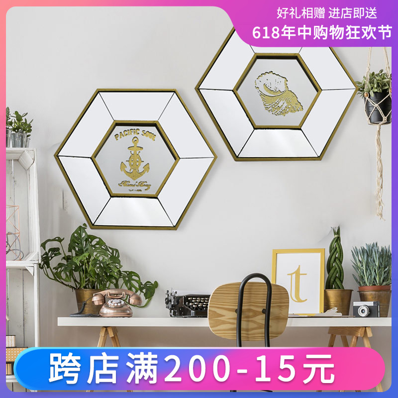 现代简约金色边框海洋主题六边形客厅玄关家居壁饰挂镜墙饰在类目 家居饰品, 壁饰中 - 来自Buy2taobao.com提供专业的淘宝代购服务