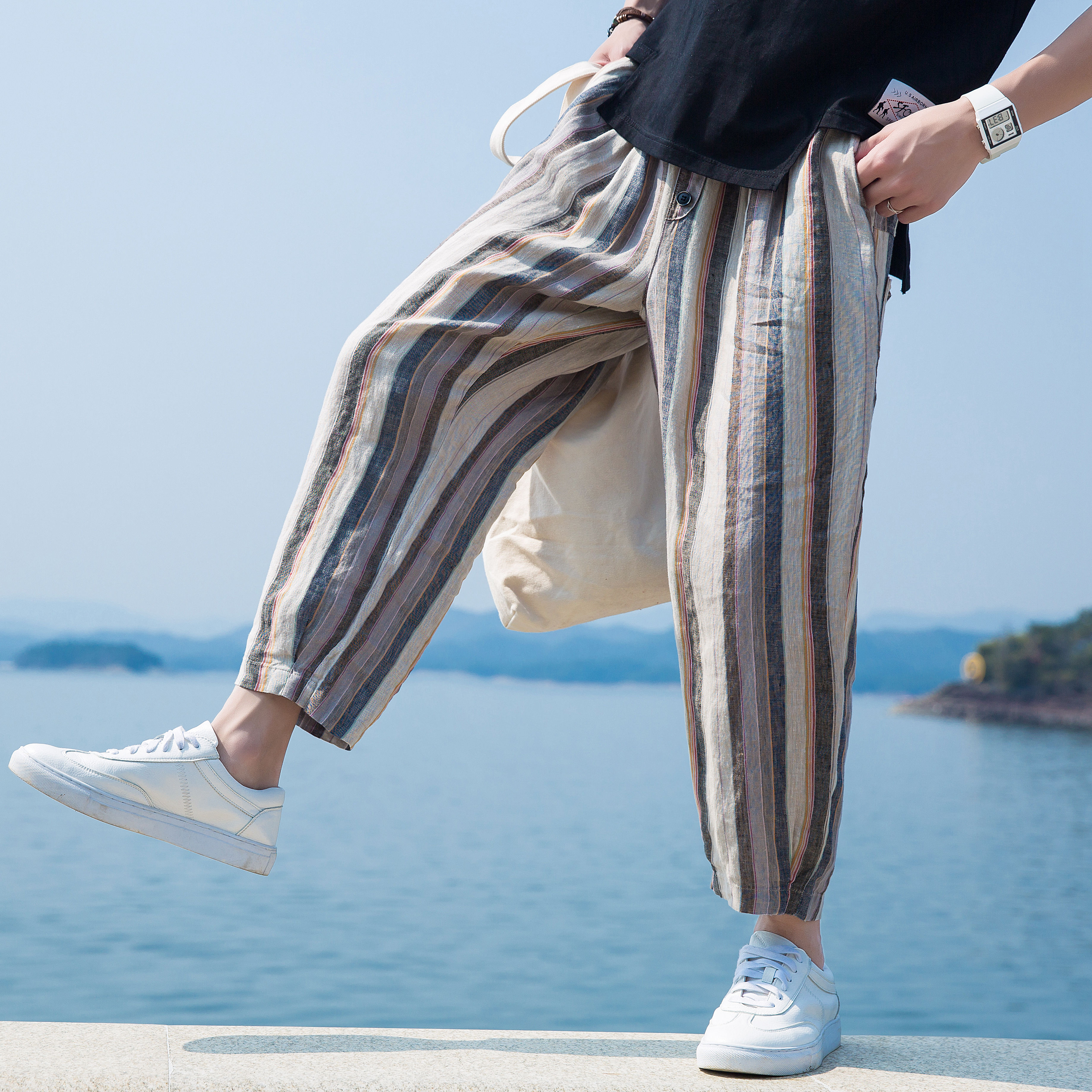 复古彩条八分裤男宽松棉麻哈伦裤夏季亚麻休闲裤男直筒九分阔腿裤|ruв категории Мужская одежда, брюки - от Buy2taobao.com для оказания профессиональной услуги покупки агента Taobao