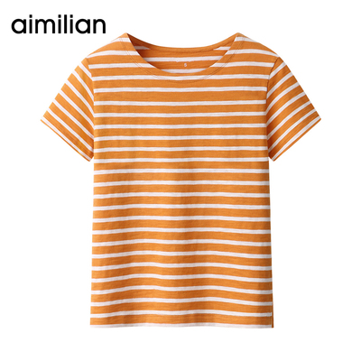 艾米恋竹节棉条纹t恤女短袖宽松上衣黑白红白夏季韩版百搭体恤衫