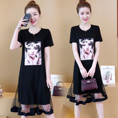 夏新款休闲大码女装胖mm网纱拼接连衣裙印花T恤女宽松短袖中长款