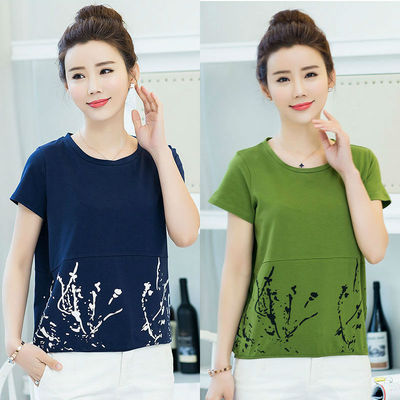 纯棉印花短袖女t恤中老年妈妈装夏季休闲大码宽松打底衫上衣50岁