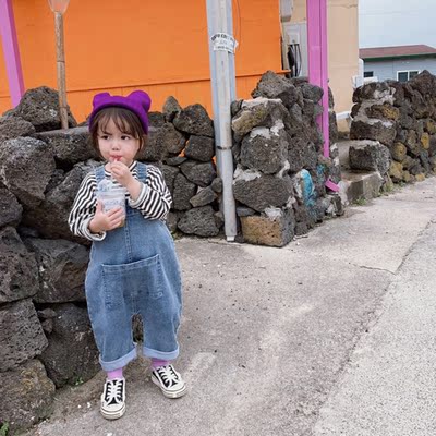 女童牛仔背带裤2020新款男女宝宝吊带裤春秋季儿童裤子阔腿裤