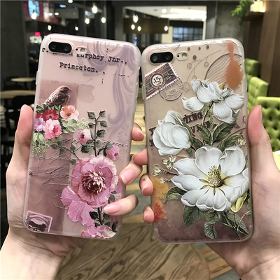 复古小清新花朵iphone7plus手机壳苹果6s硅胶磨砂8/X个性浮雕女款