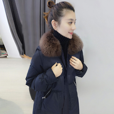 2019新款冬装欧洲站欧货潮韩版藏青色宽松毛领中长款轻薄羽绒服女