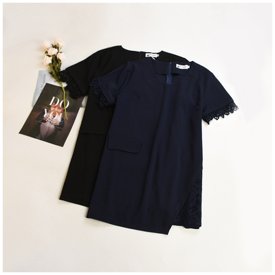 蕾丝钩花春季新款女装纯色V领宽松钩花镂空短袖休闲连衣裙BY