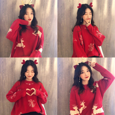 红色毛衣女2019新款加厚冬外穿洋气套头宽松慵懒风针织衫秋冬外套