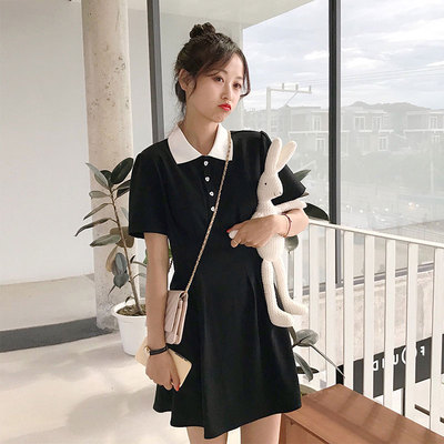 2019新款学院风polo连衣裙女夏修身气质学生收腰显瘦遮肚子裙子夏