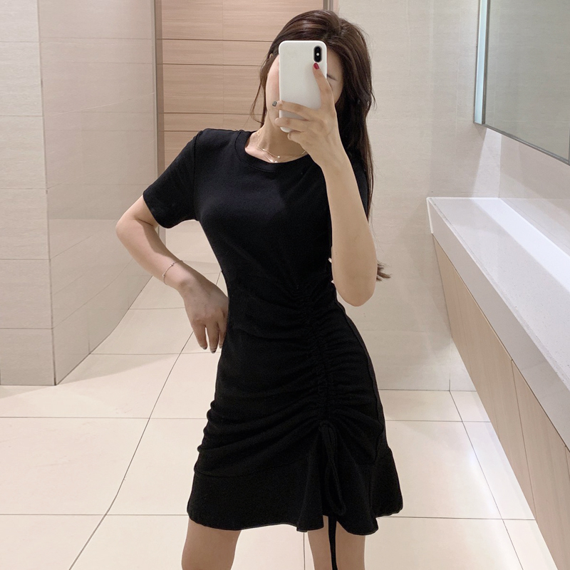 錢夫人 小個子修身t恤裙女抽繩圓領連衣裙2019新款夏荷葉邊短裙子在類目 女裝/女士精品, 連衣裙中 - 來自Buy2taobao.com提供專業的淘寶代購服務
